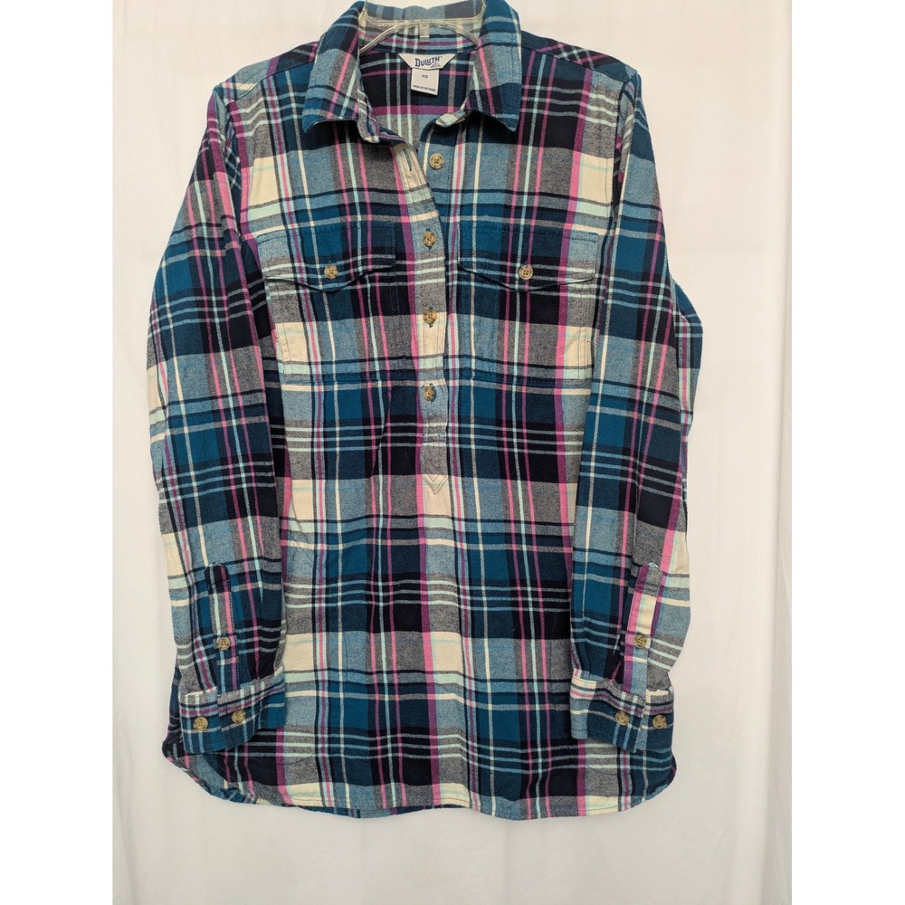 Duluth Trading Co Womens XS Blue Pink Plaid Flannel Popover Tunic Shirt Pockets